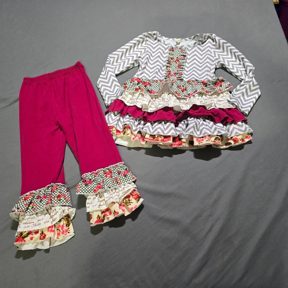 Ruffle Tunic Leggings Set Kids 4T Magenta Chevron Floral Mixed Pattern outfit